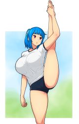 Rule 34 | 1girl, :o, blue hair, blue sky, breasts, curvy, erkaz, eyebrows, grass, gym shorts, highres, huge breasts, kneepits, original, red eyes, rina atherina, shirt, shorts, sky, solo, split, standing, standing on one leg, standing split, stretching, white background, white shirt