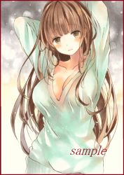 Rule 34 | 1girl, arms behind head, arms up, bad id, bad pixiv id, blush, border, breasts, brown border, brown eyes, brown hair, cleavage, closed mouth, collarbone, colored pencil (medium), large breasts, long hair, long sleeves, looking at viewer, marker (medium), original, potto, sample watermark, shirt, smile, solo, traditional media, v-neck, watermark
