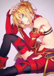 Rule 34 | 1girl, black thighhighs, blonde hair, breasts, fate/apocrypha, fate (series), gradient background, green eyes, hand on own head, highres, looking at viewer, medium breasts, mordred (fate), mordred (fate/apocrypha), navel, nilitsu, ponytail, short hair, sitting, solo, thighhighs