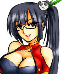 Rule 34 | arc system works, bare shoulders, black hair, blazblue, blazblue: calamity trigger, breasts, cleavage, close-up, glasses, large breasts, litchi faye ling, long hair, panda, ponytail, smile