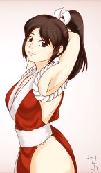 Rule 34 | 1girl, armpits, arms behind head, breasts, brown eyes, brown hair, cleavage, fatal fury, from side, highres, large breasts, legs, long hair, ponytail, shihu zou, shiranui mai, smile, snk, solo, the king of fighters, thick thighs, thighs