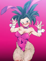 Rule 34 | 1girl, :d, animal ears, black eyes, black hair, blush, breasts, cleavage, covered navel, curvy, dragon ball, dragon ball super, earrings, fake animal ears, fishnets, gradient background, heart, heart-shaped pupils, highleg, highleg leotard, jewelry, kefla (dragon ball), leotard, open mouth, pantyhose, pink background, pink leotard, playboy bunny, potara earrings, rabbit ears, rom (20), simple background, smile, solo, spiked hair, symbol-shaped pupils, wrist cuffs