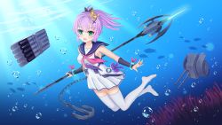 Rule 34 | 1girl, :d, absurdres, air bubble, anchor, azur lane, bare shoulders, biako, black ribbon, blue sailor collar, blurry, blurry foreground, blush, bracelet, breasts, bridal gauntlets, bubble, cannon, chain, commentary request, coral, crown, depth of field, fish, green eyes, hair between eyes, hair ornament, hair ribbon, high ponytail, highres, holding, javelin, javelin (azur lane), jewelry, medium breasts, mini crown, name connection, no shoes, object namesake, open mouth, outstretched arm, pleated skirt, ponytail, revision, ribbon, sailor collar, shirt, sidelocks, skirt, sleeveless, sleeveless shirt, smile, solo, sparkle, thighhighs, thighs, torpedo, turret, underwater, v-shaped eyebrows, water, white shirt, white skirt, white thighhighs, zettai ryouiki