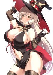 Rule 34 | 1girl, black gloves, black hat, black thighhighs, blonde hair, blush, breasts, cleavage, cowboy shot, gloves, hair between eyes, hand on headwear, hat, highres, hijiki meshi, large breasts, long hair, looking at viewer, navel, nijisanji, nui sociere, nui sociere (1st costume), simple background, smile, solo, thighhighs, thighs, very long hair, virtual youtuber, white background, witch hat, yellow eyes