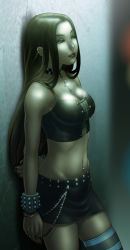 Rule 34 | 1girl, against wall, ankh, arm behind back, bare shoulders, bracelet, breasts, brown hair, chain, chester ocampo, choker, cleavage, collar, dark, earrings, eyeshadow, goth fashion, halterneck, jewelry, lips, long hair, makeup, marvel, midriff, miniskirt, navel, navel piercing, necklace, piercing, skirt, solo, striped clothes, striped thighhighs, thighhighs, very long hair, x-23, x-men