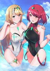 Rule 34 | 2girls, :d, bare shoulders, beach, blonde hair, breast press, breasts, chest jewel, closed mouth, commentary request, competition swimsuit, covered navel, gem, hand on another&#039;s shoulder, headpiece, highres, jewelry, kikuwata, large breasts, long hair, looking at viewer, multiple girls, mythra (radiant beach) (xenoblade), mythra (xenoblade), one-piece swimsuit, open mouth, outdoors, partially submerged, pyra (pro swimmer) (xenoblade), pyra (xenoblade), red eyes, red hair, short hair, smile, strapless, strapless one-piece swimsuit, swept bangs, swimsuit, symmetrical docking, thigh strap, thighs, tiara, very long hair, white one-piece swimsuit, xenoblade chronicles (series), xenoblade chronicles 2, yellow eyes