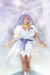 Rule 34 | 1girl, ankle boots, asian, blue eyes, blue hair, boots, bow, bracelet, breasts, choker, chouzuki maryou, cosplay, cure diamond, cure diamond (cosplay), dokidoki! precure, dress, headpiece, highres, jewelry, large breasts, long hair, magical girl, matching hair/eyes, photo (medium), plump, ponytail, precure, puffy short sleeves, puffy sleeves, ribbon, short sleeves, solo, tiara