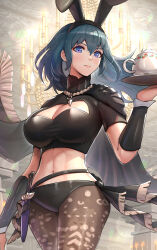 Rule 34 | 1girl, animal ears, black hair, blue eyes, breasts, byleth (female) (fire emblem), byleth (fire emblem), cape, cleavage, cleavage cutout, clothing cutout, dagger, fake animal ears, fire emblem, fire emblem: three houses, from below, gonzarez, highres, holding, holding tray, jewelry, knife, large breasts, lips, long hair, navel, necklace, nintendo, pantyhose, rabbit ears, solo, tea set, tray, weapon