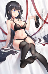 Rule 34 | 1girl, :d, absurdres, arm support, armpits, bare legs, bare shoulders, bed, black bra, black hair, black panties, black shirt, black thighhighs, blue eyes, bow, bowtie, bra, breasts, cleavage, collarbone, commentary request, curtains, feet, hair ornament, halterneck, highres, holding, k.t.cube, lace, lace-trimmed bra, lace-trimmed panties, lace trim, large breasts, lingerie, loafers, long hair, looking away, navel, on bed, open mouth, original, panties, red ribbon, ribbon, shirt, unworn shirt, shoes, unworn shoes, sidelocks, sitting, smile, solo, stomach, strap gap, thighhighs, thighs, translated, underwear, very long hair, x hair ornament