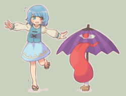 Rule 34 | 1girl, :d, balancing, blue hair, blue skirt, blue vest, commentary request, flying sweatdrops, frilled sleeves, frills, geta, grey background, heterochromia, juliet sleeves, karakasa obake, long sleeves, looking at another, open mouth, outstretched arms, partial commentary, puffy long sleeves, puffy sleeves, sasa kichi, short hair, skirt, smile, spread arms, standing, standing on one leg, tatara kogasa, tongue, tongue out, touhou, umbrella, vest