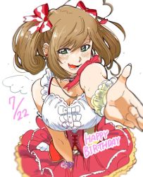 Rule 34 | 1girl, ahoge, bare shoulders, between legs, bow, breasts, brown hair, choker, clothing cutout, commentary, corset, cowboy shot, dated, drawn wings, dress, earrings, fingernails, frilled choker, frilled dress, frills, green eyes, hair bow, hand between legs, happy birthday, heart, heart ahoge, heart earrings, highres, hirose-chan (unko tabechan), idol, idolmaster, idolmaster cinderella girls, jewelry, large breasts, lower teeth only, navel, navel cutout, open mouth, open palm, reaching, reaching towards viewer, sato shin, sleeveless, sleeveless dress, solo, stud earrings, sweat, teeth, twintails, white background, wrist cuffs