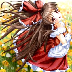 Rule 34 | 1girl, ascot, bad id, bad pixiv id, bow, breasts, brown eyes, brown hair, cleavage, detached sleeves, downblouse, dress, female focus, field, flower, flower field, hair bow, hair tubes, hakurei reimu, head back, japanese clothes, long hair, looking at viewer, miko, money, open mouth, red dress, small breasts, smile, solo, tamiteddoo (teaspoon0204), touhou, wide sleeves