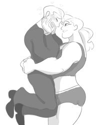 Rule 34 | 1boy, 1girl, bearhug, blush, butterfly storage, carrying, character request, comic, highres, holding, hug, husband and wife, mini arai, muscular, muscular female, ponytail, radiomomo, shoes, shorts, simple background, smile, tank top, tetsuo arai, white background