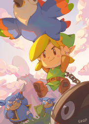 Rule 34 | 1boy, belt, bird, blonde hair, brown belt, brown footwear, chain, chicken, cloud, commentary request, day, egg, green shirt, highres, holding, holding polearm, holding shield, holding spear, holding weapon, link, male focus, moblin, mountain, nintendo, outdoors, polearm, shield, shirt, shoes, shop p, smile, spear, tagme, the legend of zelda, the legend of zelda: link&#039;s awakening, weapon