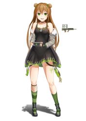 Rule 34 | 1girl, absurdres, asymmetrical legwear, bare shoulders, black dress, black footwear, bow, breasts, brown hair, bullpup, camouflage, camouflage jacket, character name, commentary, double bun, dress, fishnets, full body, fur-trimmed jacket, fur trim, girls&#039; frontline, green bow, green eyes, green socks, gun, hair between eyes, hair bow, hair bun, highres, jacket, kel-tec rfb, looking at viewer, medium breasts, mismatched legwear, name connection, object namesake, open clothes, open jacket, open mouth, rfb (girls&#039; frontline), rifle, semi-automatic firearm, semi-automatic rifle, shadow, shoes, sleeveless, sleeveless dress, socks, solo, standing, stratosphere (coom1017), striped clothes, striped socks, teeth, upper teeth only, vertical-striped clothes, vertical-striped socks, weapon, white background