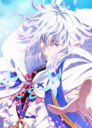 Rule 34 | 1boy, ahoge, bishounen, closed mouth, commentary request, earrings, falling petals, fate/grand order, fate (series), flower, flower knot, glowing, glowing petals, hooded robe, jewelry, light smile, long hair, long sleeves, looking at viewer, male focus, merlin (fate), petals, pink flower, pochi-a, purple eyes, ribbon, robe, sky, smile, solo, upper body, very long hair, white hair, white robe