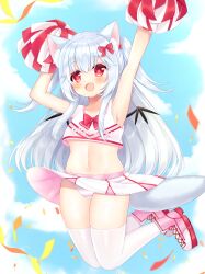 Rule 34 | 1girl, :d, animal ear fluff, animal ears, armpits, arms up, black wings, blue sky, blush, bow, breasts, cheerleader, clothes lift, clothes writing, cloud, collarbone, commission, confetti, day, english text, fangs, grey hair, hair between eyes, hair bobbles, hair bow, hair ornament, jumping, long hair, mini wings, navel, open mouth, original, outdoors, panties, pink footwear, pom pom (cheerleading), red bow, red eyes, shikito (yawa0w0), shoes, skeb commission, skirt, skirt lift, sky, small breasts, smile, solo, striped clothes, striped panties, tail, tank top, thighhighs, two side up, underboob, underwear, very long hair, white skirt, white tank top, white thighhighs, wings