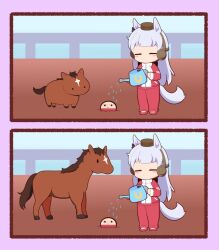 Rule 34 | 2koma, = =, blush stickers, brown headwear, chibi, comic, commentary, gintama, gold ship (umamusume), gomashio (goma feet), headgear, holding, holding watering can, horse, horse girl, horseshoe print, just a way (racehorse), justaway, long hair, minimized, name connection, pillbox hat, pink background, real life, red track suit, silent comic, umamusume, watering can