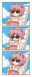 Rule 34 | 1girl, 3koma, absurdres, adjusting eyewear, adjusting glasses, bare shoulders, cloud, collarbone, comic, commentary, cup, day, doki doki literature club, drinking, drinking glass, drinking straw, english commentary, frown, hair intakes, hair ornament, hairclip, highres, holding, holding cup, juice, looking over eyewear, looking over glasses, meme, natsuki (doki doki literature club), pas (paxiti), pink eyes, pink hair, recurring image, short hair, silent comic, sunglasses, tinted eyewear, two side up