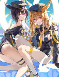 Rule 34 | 2girls, beret, black gloves, black hair, black headwear, black jacket, black one-piece swimsuit, blonde hair, breasts, closed mouth, commentary, fate/grand order, fate (series), feathers, gloves, glowing, hand on own thigh, hat, head wings, high heels, highres, jacket, long hair, long sleeves, looking at viewer, medium breasts, multiple girls, one-piece swimsuit, open clothes, open jacket, ortlinde (fate), ortlinde (swimsuit assassin) (fate), parted lips, poppoman, red eyes, sideboob, swimsuit, thigh strap, thrud (swimsuit assassin) (fate), valkyrie (fate), wings