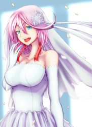 Rule 34 | 1girl, ahoge, an&#039;no natsume, arc system works, bare shoulders, breasts, bridal veil, dress, elbow gloves, elphelt valentine, gloves, green eyes, guilty gear, guilty gear xrd, highres, jewelry, large breasts, looking at viewer, open mouth, pink hair, ribbon, ring, shiny skin, short hair, smile, solo, tongue, veil, wedding dress, wedding ring, white dress