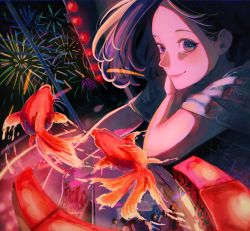 Rule 34 | 1girl, absurdres, aerial fireworks, black hair, crowd, fireworks, fish, food stand, from above, goldfish, highres, lights, looking at viewer, night, night sky, original, shi-masu, sky, smile, solo focus, summer festival