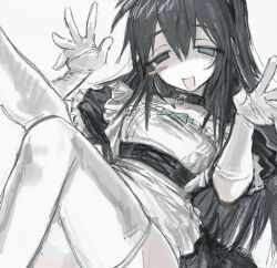 Rule 34 | 1boy, apron, black choker, black dress, black eyes, black hair, blue eyes, choker, crossdressing, dress, gloves, hands up, heterochromia, hong lu (project moon), limbus company, looking at viewer, open mouth, project moon, puripur16448985, simple background, smile, solo, thighhighs, white apron, white background, white gloves, white thighhighs
