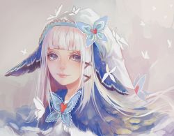 Rule 34 | 1girl, blue eyes, blunt bangs, bug, butterfly, butterfly hair ornament, commission, eyebrows, fuwaffy, hair ornament, heart, highres, insect, lips, long hair, looking at viewer, nose, original, portrait, simple background, smile, solo, upper body, white hair, x hair ornament