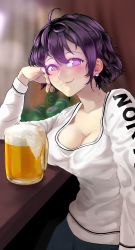 Rule 34 | 1girl, ahoge, alcohol, alternate hairstyle, beer, beifeng han, blurry, blurry background, blush, breast rest, breasts, cleavage, collarbone, counter, cup, depth of field, drink, drinking glass, earrings, elbow rest, glowing, glowing eyes, hair between eyes, hand on own cheek, hand on own face, highres, jewelry, large breasts, leaning, lips, long sleeves, looking at viewer, low-cut, miyaura sanshio, nose, original, purple eyes, purple hair, short hair, smile, solo