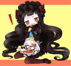Rule 34 | 10s, 2girls, abyssal ship, ahoge, apron, black hair, colored skin, dress, eating, gothic lolita, hairband, horns, isolated island oni, kantai collection, kobone, lolita fashion, lolita hairband, long hair, mittens, multiple girls, northern ocean princess, pantyhose, red eyes, sitting, sitting on person, wariza, white dress, white hair, white skin