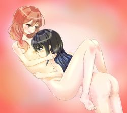 Rule 34 | 2girls, asou bun, ass, bent over, black eyes, black hair, blush, breasts, brown eyes, brown hair, collarbone, from behind, gradient background, hair ribbon, kimihane, licking, licking breast, long hair, low twintails, medium breasts, mole, mole under eye, multiple girls, navel, nipples, nude, ogata rin (kimihane), open mouth, rakkuma, red background, ribbon, sitting, smile, standing, tongue, tongue out, topless, twintails, two-tone background, white background, yuri