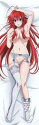 Rule 34 | 1girl, absurdres, blue eyes, blush, breasts, convenient censoring, covering privates, covering breasts, dakimakura (medium), feet, garter belt, high school dxd, highres, large breasts, long hair, long image, navel, no shoes, official art, panties, red hair, rias gremory, side-tie panties, solo, tall image, thighhighs, topless, underwear, untied panties, white thighhighs