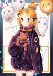 Rule 34 | 1girl, abigail williams (fate), abigail williams (traveling outfit) (fate), absurdres, bad id, bad pixiv id, balloon, black bow, black jacket, blonde hair, blue eyes, blush, bow, closed mouth, commentary request, cowboy shot, crossed bandaids, fate/grand order, fate (series), fou (fate), frilled jacket, frills, hair bow, hair bun, highres, jacket, long hair, long sleeves, looking at viewer, medjed (fate), meliyannn, hugging object, official alternate costume, orange bow, parted bangs, polka dot, polka dot bow, single hair bun, sleeves past fingers, sleeves past wrists, solo, star (symbol), stuffed animal, stuffed toy, teddy bear, twitter username