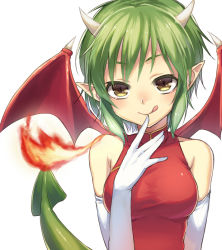 Rule 34 | 1girl, :q, draco centauros, dragon girl, dragon tail, elbow gloves, finger to mouth, fire, gloves, green hair, horns, pointy ears, puyopuyo, short hair, solo, tail, tongue, tongue out, wings, yellow eyes, yoshino saku
