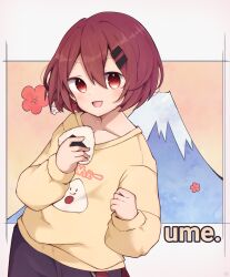 Rule 34 | 1girl, absurdres, blush, earrings, flower, food, food print, hair ornament, hairclip, highres, holding, holding food, jewelry, long sleeves, looking at viewer, mount fuji, mountain, onigiri, onigiri print, open mouth, original, pants, plum blossoms, rageno0000, red eyes, red hair, romaji text, short hair, smile, solo