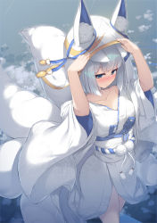 Rule 34 | 1girl, animal ear fluff, animal ears, arms up, azur lane, blue eyes, blush, breasts, closed mouth, commentary request, fox ears, fox girl, fox tail, highres, japanese clothes, kaga (azur lane), kimono, kitsune, long sleeves, multiple tails, nose blush, obi, olive (laai), rain, sash, short hair, silver hair, sleeves pushed up, small breasts, solo, tail, uchikake, white kimono, wide sleeves