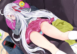 Rule 34 | 1girl, ahoge, blue panties, blush, cable, couch, crotch seam, feet out of frame, from behind, game console, grey sweater, hair ribbon, headphones, headphones removed, highres, indoors, kamioka shun&#039;ya, kneehighs, light particles, long sleeves, looking at viewer, looking back, lying, miniskirt, hugging object, on couch, on stomach, original, panties, pillow, pillow hug, pink eyes, pleated skirt, profile, purple skirt, red ribbon, ribbon, shiori (kamioka shun&#039;ya), sidelocks, skirt, socks, solo, sweater, thighs, underwear, white hair, white socks