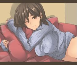 Rule 34 | 1girl, breasts, brown eyes, brown hair, clothes lift, dyson (edaokunnsaikouya), large breasts, letterboxed, looking at viewer, lying, mature female, mole, mole under eye, hugging object, on side, one eye closed, pillow, pillow hug, ribbed sweater, shinken-zemi, short hair, solo, sweater, sweater lift, upper body, zemi mama