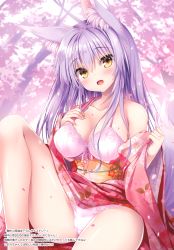 Rule 34 | 1girl, absurdres, animal ear fluff, animal ears, bare shoulders, blush, bra, branch, breasts, brown hair, cleavage, collarbone, fingernails, floral print, fox ears, fox girl, fox tail, hand on own chest, head tilt, highres, japanese clothes, kimono, knee up, lips, long hair, looking at viewer, medium breasts, off shoulder, open mouth, panties, petals, purple hair, scan, shiny skin, simple background, smile, solo, tail, tateha (marvelous grace), thighs, underwear, wide sleeves