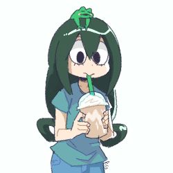 Rule 34 | 10s, 1girl, asui tsuyu, boku no hero academia, drinking, frog, green hair, lowres, simple background, solo