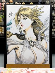 Rule 34 | 1girl, art tools in frame, bare shoulders, blonde hair, blue eyes, breasts, cleavage, collarbone, dress, earrings, feather hair ornament, feathers, greco-roman clothes, hair ornament, highres, jewelry, large breasts, long hair, looking to the side, marker (medium), parted lips, roman clothes, sophitia alexandra, soul calibur, stanley lau, traditional media, white dress