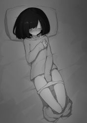 Rule 34 | 1girl, absurdres, barefoot, black hair, closed eyes, clothed masturbation, clothes pull, commentary, female masturbation, from above, fukutchi, grabbing own breast, greyscale, groping, highres, hood, hood down, hoodie, kouhai-chan (fukutchi), lying, masturbation, medium hair, monochrome, on back, on bed, original, panties, pants, pants pull, panty pull, parted lips, petite, pillow, solo, underwear