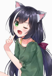 Rule 34 | 1girl, ;d, animal ear fluff, animal ears, anz32, bad id, bad pixiv id, black hair, blush, bow, cat ears, collarbone, commentary request, fang, green eyes, green shirt, grey background, hair bow, hand up, index finger raised, karyl (princess connect!), long hair, looking at viewer, low twintails, multicolored hair, nail polish, one eye closed, open mouth, pink nails, princess connect!, puffy short sleeves, puffy sleeves, purple bow, shirt, short sleeves, simple background, smile, solo, streaked hair, striped, twintails, twitter username, very long hair, white hair