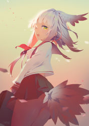 Rule 34 | 10s, 1girl, alternate costume, ass, bird tail, briefcase, crested ibis, feathers, head wings, japanese crested ibis (kemono friends), kemono friends, lamier, looking at viewer, open mouth, pleated skirt, school uniform, serafuku, short hair with long locks, skirt, solo, tail, white hair, wings, yellow eyes