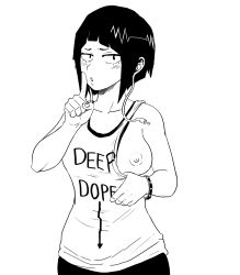 Rule 34 | 1girl, absurdres, bare shoulders, blunt bangs, blush, boku no hero academia, bracelet, breast slip, breasts, clothes pull, clothes writing, collarbone, finger to mouth, flashing, highres, jewelry, jirou kyouka, looking at viewer, medium breasts, mf uncen, monochrome, nipples, no bra, pulling own clothes, shirt pull, short hair, shushing, sketch, sleeveless, solo, tank top, white background