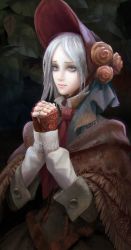 Rule 34 | 1girl, anna nikonova, bloodborne, bonnet, capelet, crying, crying with eyes open, dark background, doll joints, dress, flower, grey eyes, hair flower, hair ornament, highres, joints, lips, newmilky, nose, own hands clasped, own hands together, plain doll, poncho, silver hair, solo, tears, upper body