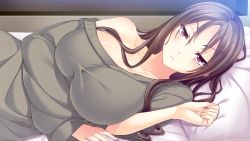 Rule 34 | 1girl, ane yome quartet, arm under breasts, bare shoulders, bed, bed sheet, blush, breasts, brown hair, cleavage, collarbone, frown, grey sweater, hair between eyes, hanabishi yurina, hisasi, huge breasts, indoors, large breasts, long hair, looking at viewer, lying, on side, pillow, pout, red eyes, solo, sweater