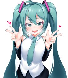 Rule 34 | 1girl, :d, ahoge, bare shoulders, black skirt, black sleeves, breasts, collared shirt, detached sleeves, double w, glowing, green eyes, green hair, green nails, green necktie, hair between eyes, hair ornament, hands up, hatsune miku, heart, heavy breathing, highres, kirisame mia, long hair, long sleeves, looking at viewer, nail polish, necktie, open mouth, shirt, sidelocks, simple background, skirt, sleeveless, sleeveless shirt, small breasts, smile, solo, twintails, very long hair, vocaloid, w, white background, white shirt
