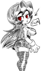 Rule 34 | 1girl, ass, breasts, chibi, cowboy shot, filia (skullgirls), greyscale, half-closed eyes, highres, jellot, large breasts, lips, long hair, looking back, miniskirt, monochrome, panties, parted lips, pleated skirt, red eyes, school uniform, skirt, skullgirls, solo, spot color, thighhighs, underwear, upskirt, very long hair