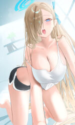 Rule 34 | 1girl, asuna (blue archive), bare shoulders, blonde hair, blue archive, blue eyes, breasts, cleavage, highres, large breasts, long hair, open mouth, shorts, solo